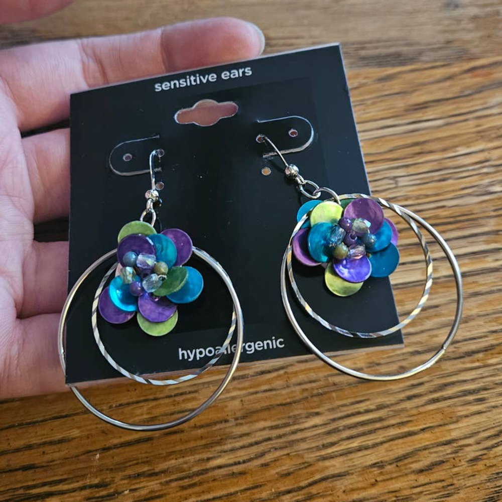 JCP Silver-Tone Floral Dual Drop Earrings ~ Hypoallergenic Sensitive Ears